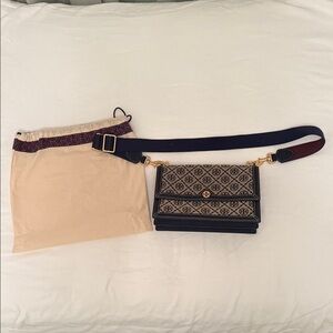 Tory Burch Navy and Gold Monogram Purse with Storage Bag